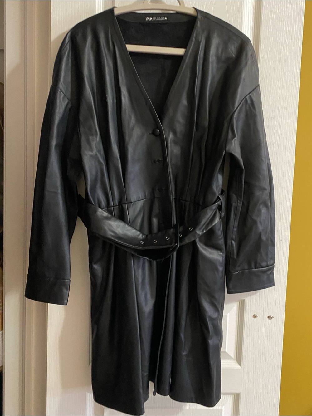 Zara Black Faux Leather Belted Long Jacket